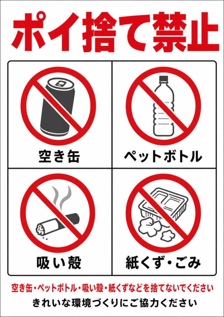 空き缶、ペットボトル、吸い殻、紙くず・ごみを4分割で示し、それぞれに禁止マークを付けた「ポイ捨て禁止」の縦型注意ポスター