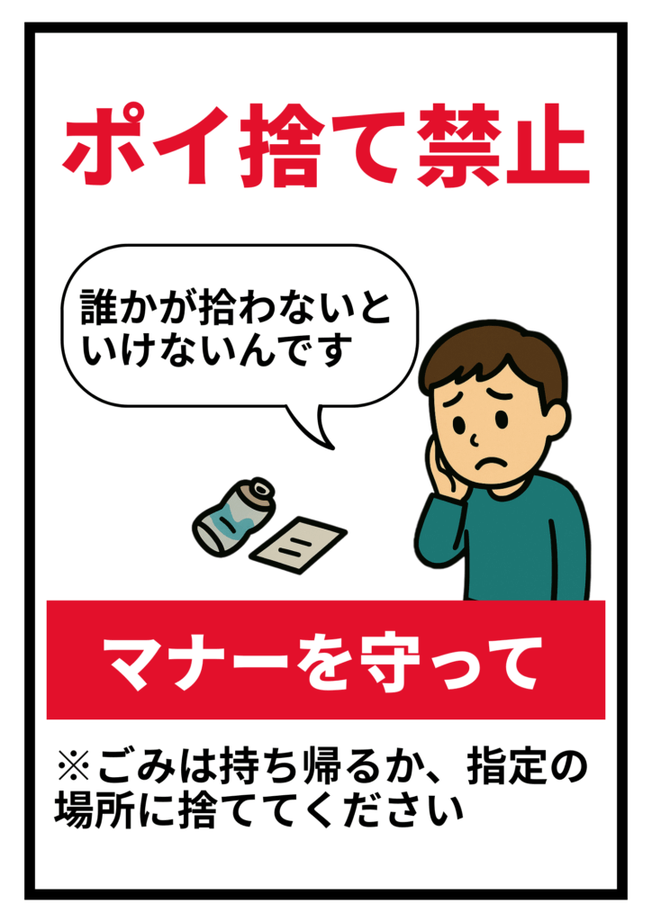　「ポイ捨て禁止」の赤文字タイトルとともに、ゴミを見て困った表情の人物のイラスト。吹き出しに「誰かが拾わないといけないんです」、下には「マナーを守って」、さらに「※ごみは持ち帰るか、指定の場所に捨ててください」と記載された訴求型の張り紙。