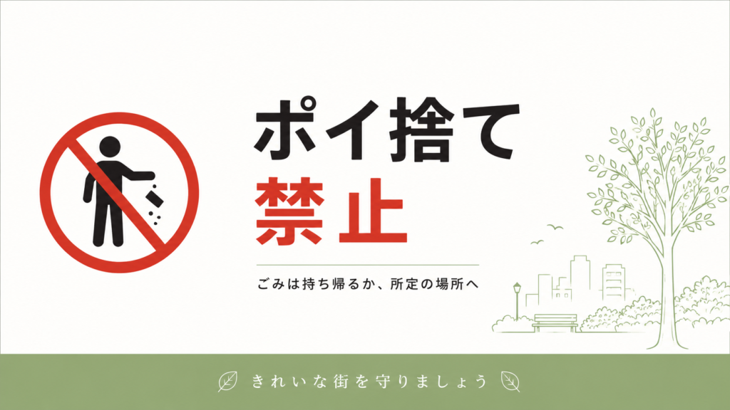 左にポイ捨てする人物の禁止マーク、中央に「ポイ捨て禁止」、右に街路樹やベンチの線画を配置した、緑色の帯付き横型ポスター