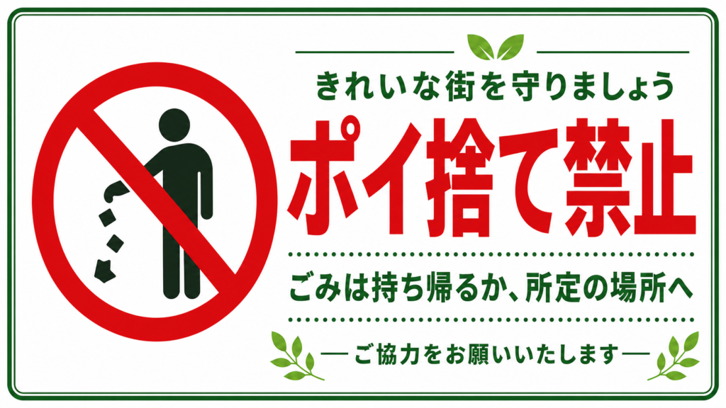 緑色の二重枠と葉の装飾を使い、左にポイ捨てする人物の禁止マーク、右に「きれいな街を守りましょう」「ポイ捨て禁止」と表示した横型ポスター