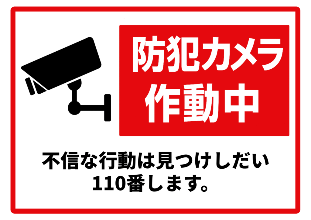 赤い細枠で囲まれた横長レイアウトの左側に黒い監視カメラアイコン、右側に赤い背景の長方形内で白抜きゴシック太字の「防犯カメラ作動中」、その下に黒いゴシックで「不審な行動は見つけしだい110番します。」と書かれたテンプレート画