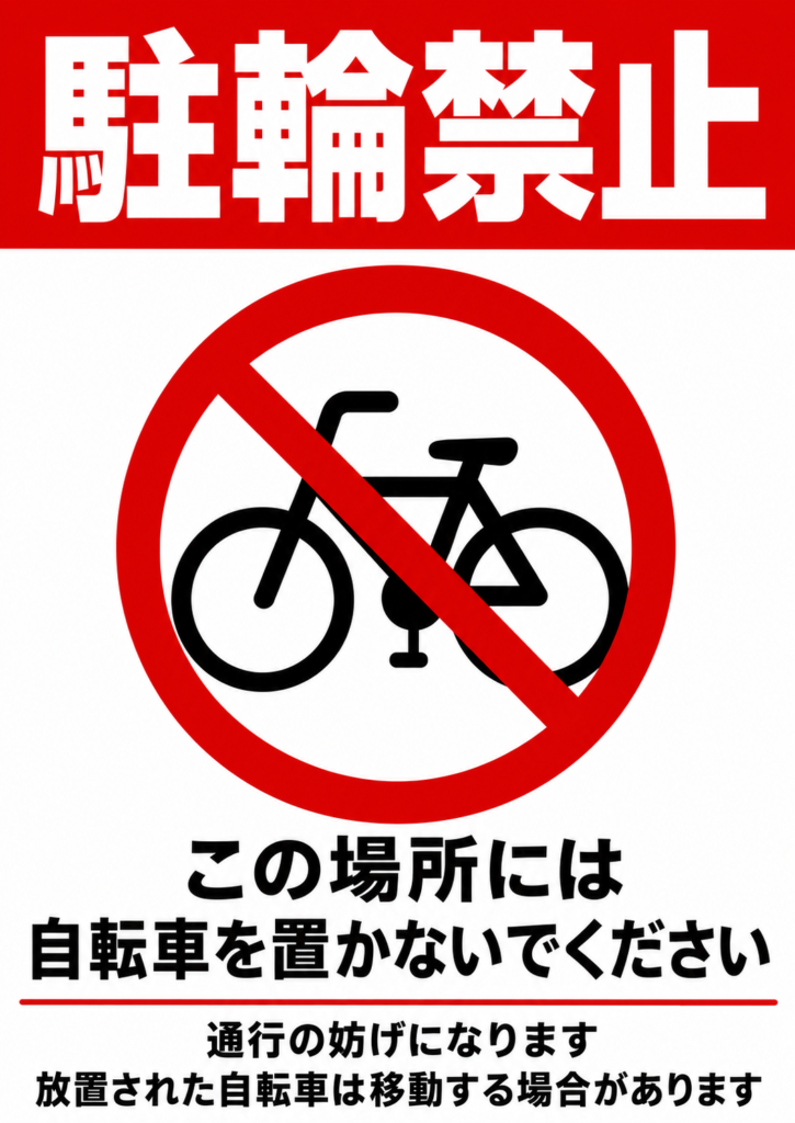 上部の赤い帯に「駐輪禁止」と大きく表示し、中央に自転車の禁止マークを配置した縦型ポスター。「この場所には自転車を置かないでください」「通行の妨げになります」「放置された自転車は移動する場合があります」と注意を促している