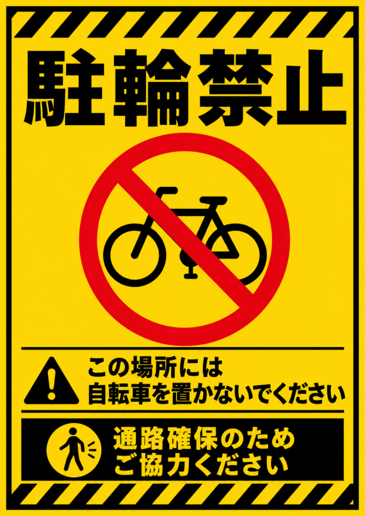 黄色と黒の警告カラーを使い、自転車の禁止マークを中央に大きく配置した縦型ポスター。「この場所には自転車を置かないでください」「通路確保のためご協力ください」と案内している