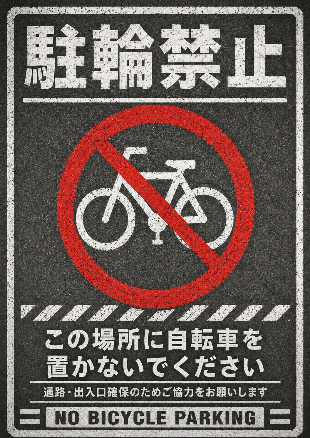 黒いざらついた背景に白と赤で構成された、ヴィンテージ看板風の縦型ポスター。自転車の禁止マークと「この場所に自転車を置かないでください」「NO BICYCLE PARKING」の文字を表示している