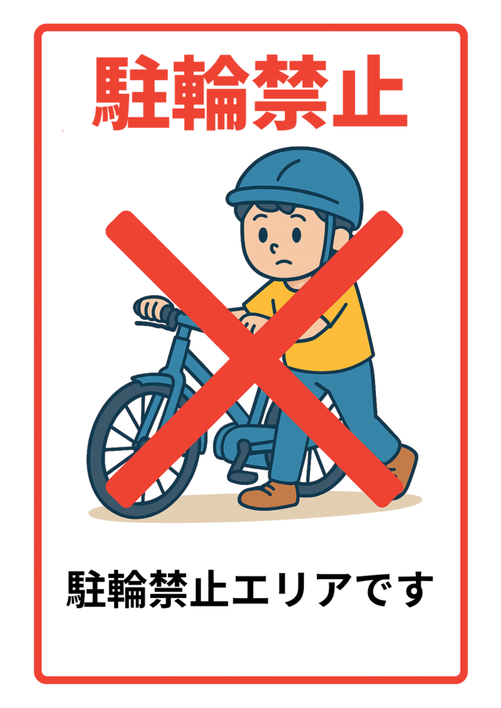 ヘルメット姿の子供が自転車を押すイラストの上に大きな赤いバツ印を重ね、上部に赤字で「駐輪禁止」、下部に黒字で「駐輪禁止エリアです」と記載した注意ポスター。