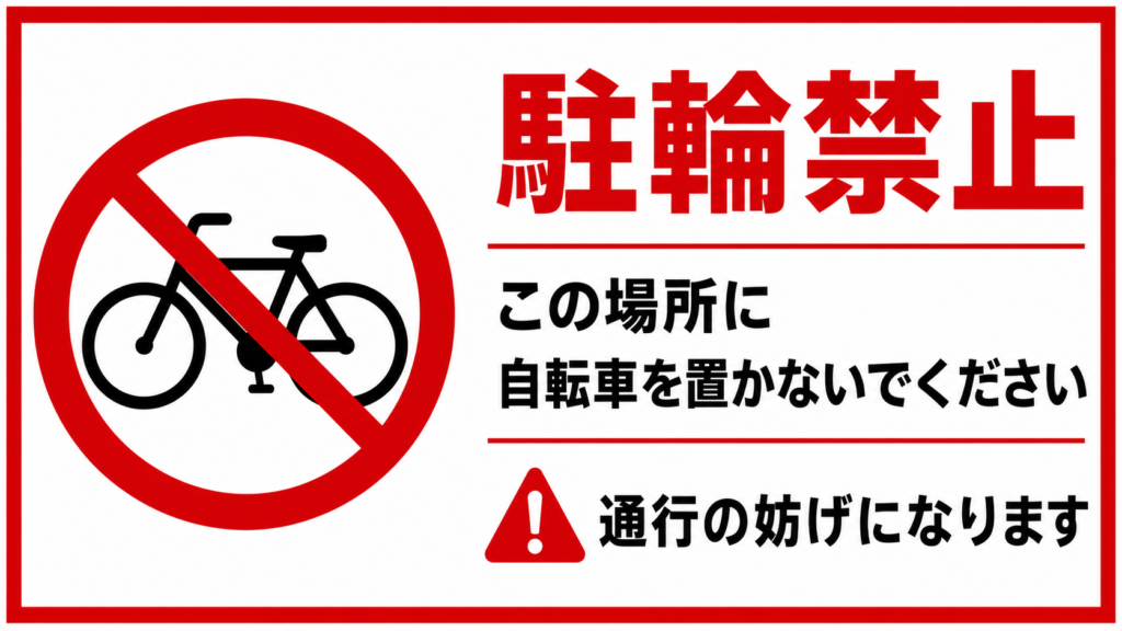 赤い枠の横型ポスターで、左に自転車の禁止マーク、右に大きく「駐輪禁止」と表示。「この場所に自転車を置かないでください」「通行の妨げになります」と注意を促している