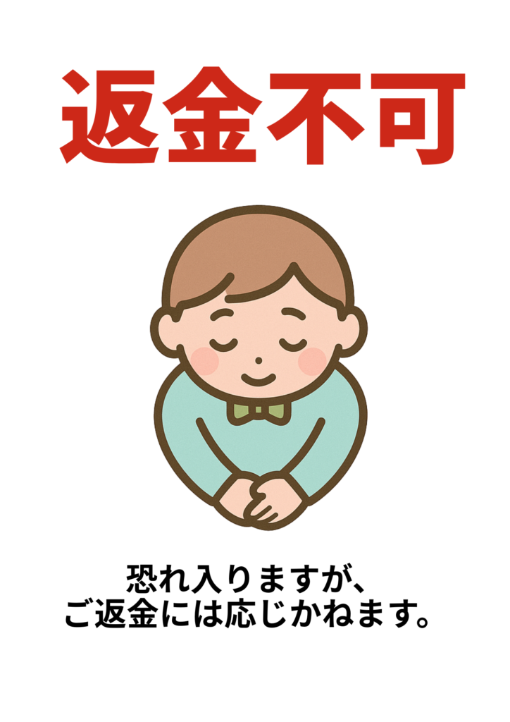 頭を下げてお詫びする人物のイラストと「返金不可」の赤い文字、下部に「恐れ入りますが、ご返金には応じかねます。」と記載された丁寧な印象のポスター