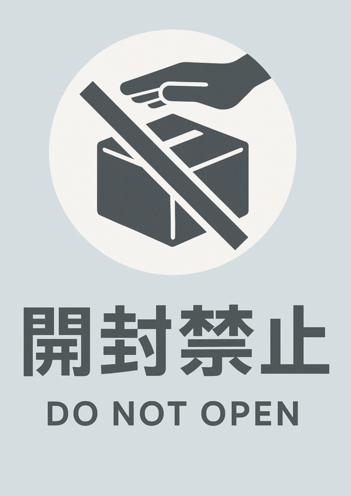 シンプルな「開封禁止」標識。グレーの手と箱のアイコンが白い円に囲まれ、英語で「DO NOT OPEN」と併記された洗練されたデザイン。