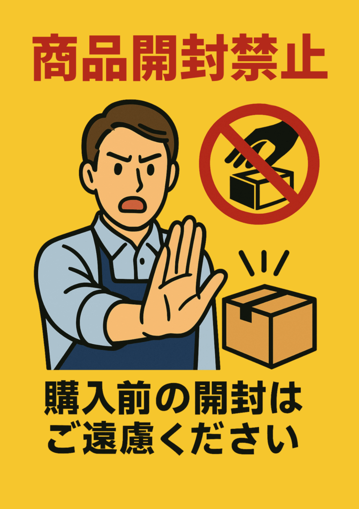 黄色の背景にキャラクターが強調された「商品開封禁止」標識。男性が手で制止するポーズ、赤い禁止マーク、箱のイラストとともに「購入前の開封はご遠慮ください。」のメッセージが追加されたデザイン。

