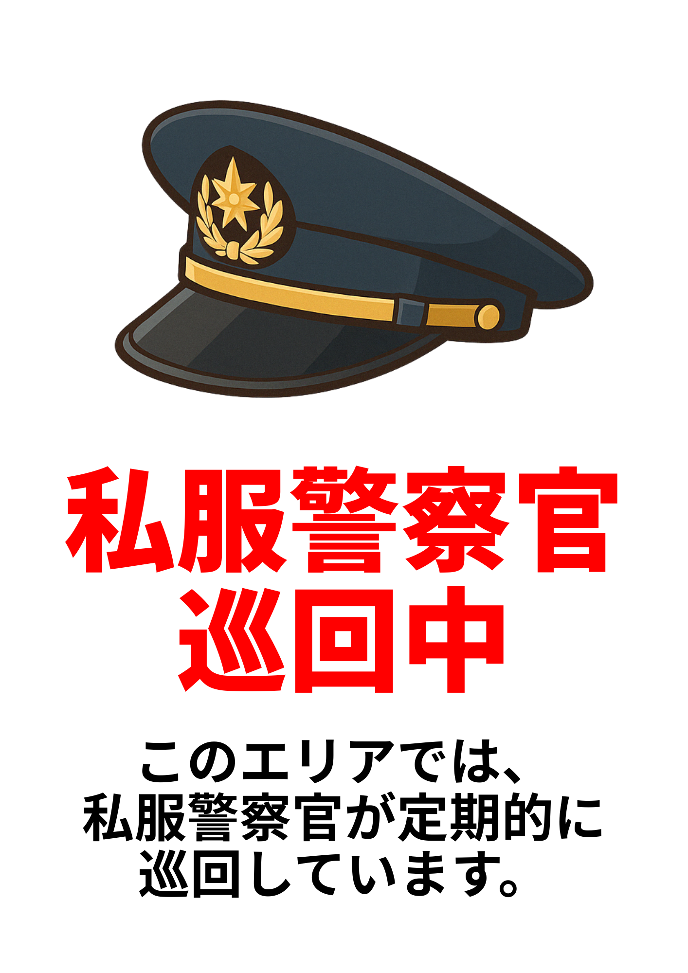 警察官の帽子のイラストを上部に配置し、赤い文字で「私服警察官巡回中」、その下に黒い文字で「このエリアでは、私服警察官が定期的に巡回しています。」と記載された張り紙