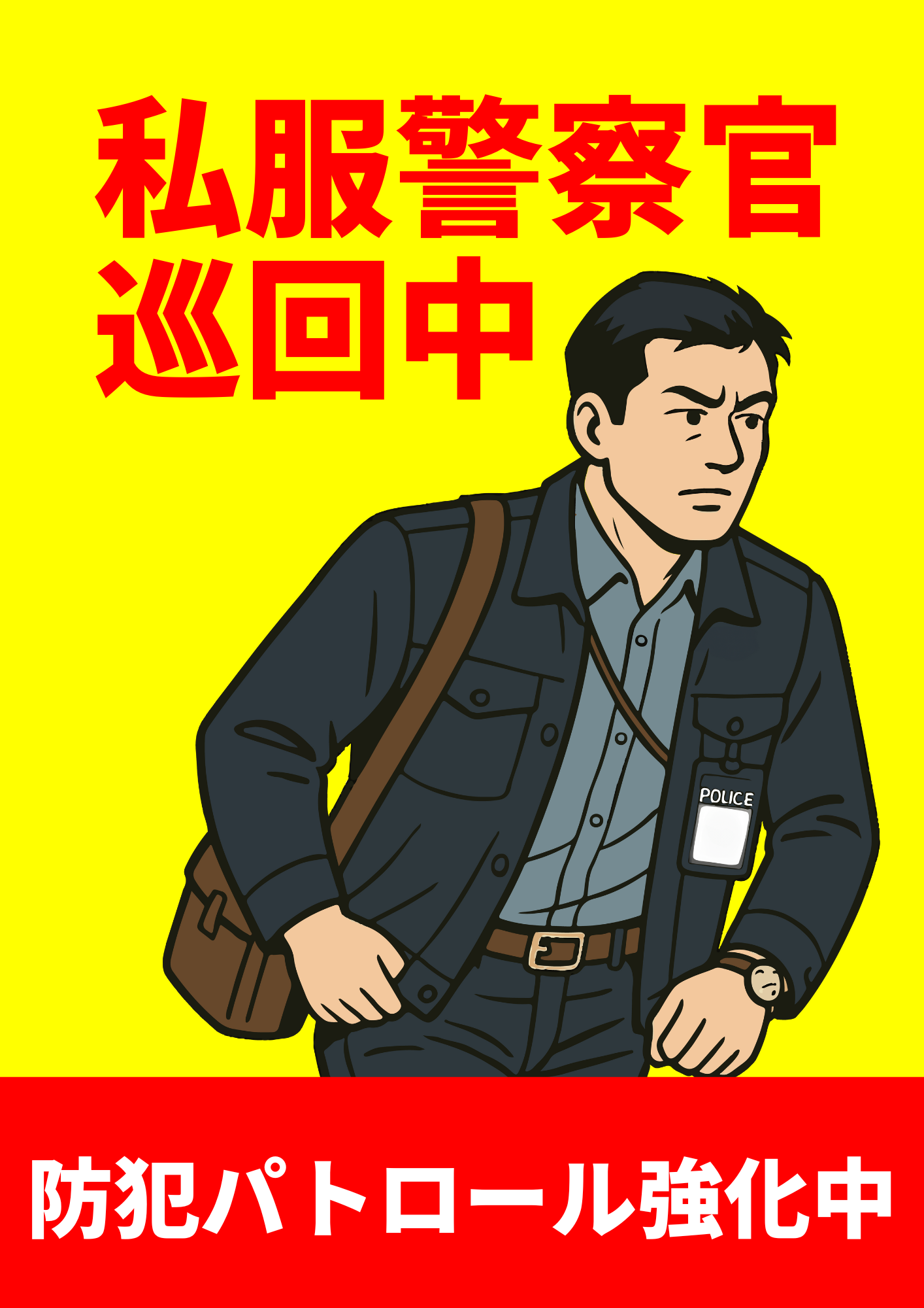黄色背景の注意ポスター。上部に赤文字で「私服警察官巡回中」と書かれ、中央に私服姿でバッグを持ち、警察証を下げた男性警察官のイラスト。下部の赤帯には「防犯パトロール強化中」と記載されている