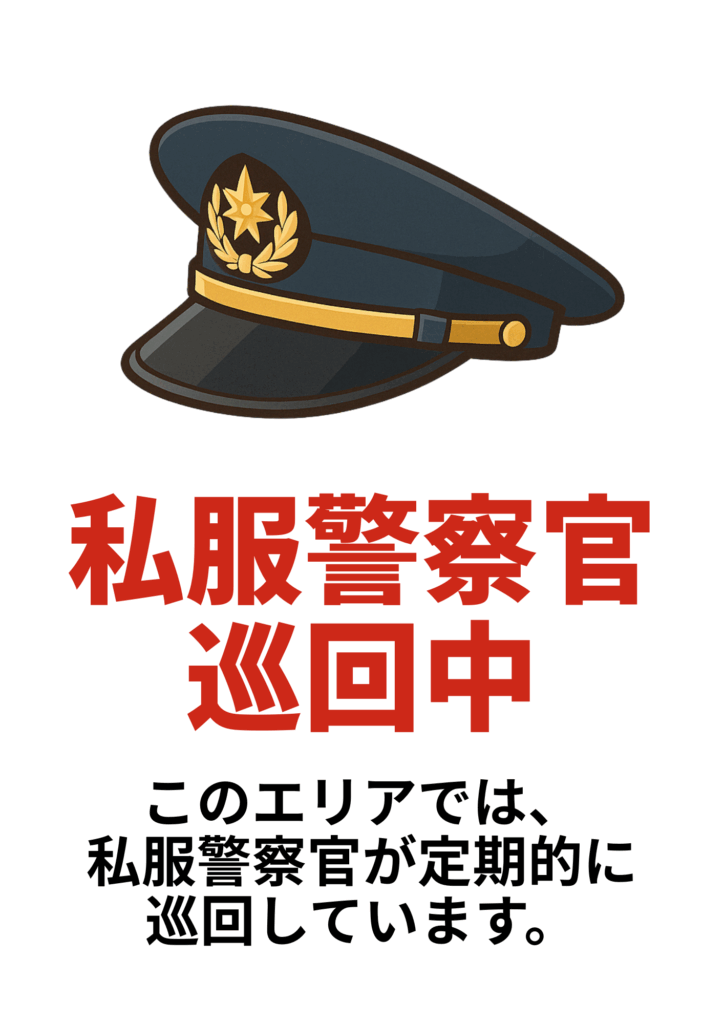 警察官の帽子のイラストを上部に配置し、赤い文字で「私服警察官巡回中」、その下に黒い文字で「このエリアでは、私服警察官が定期的に巡回しています。」と記載された張り紙。