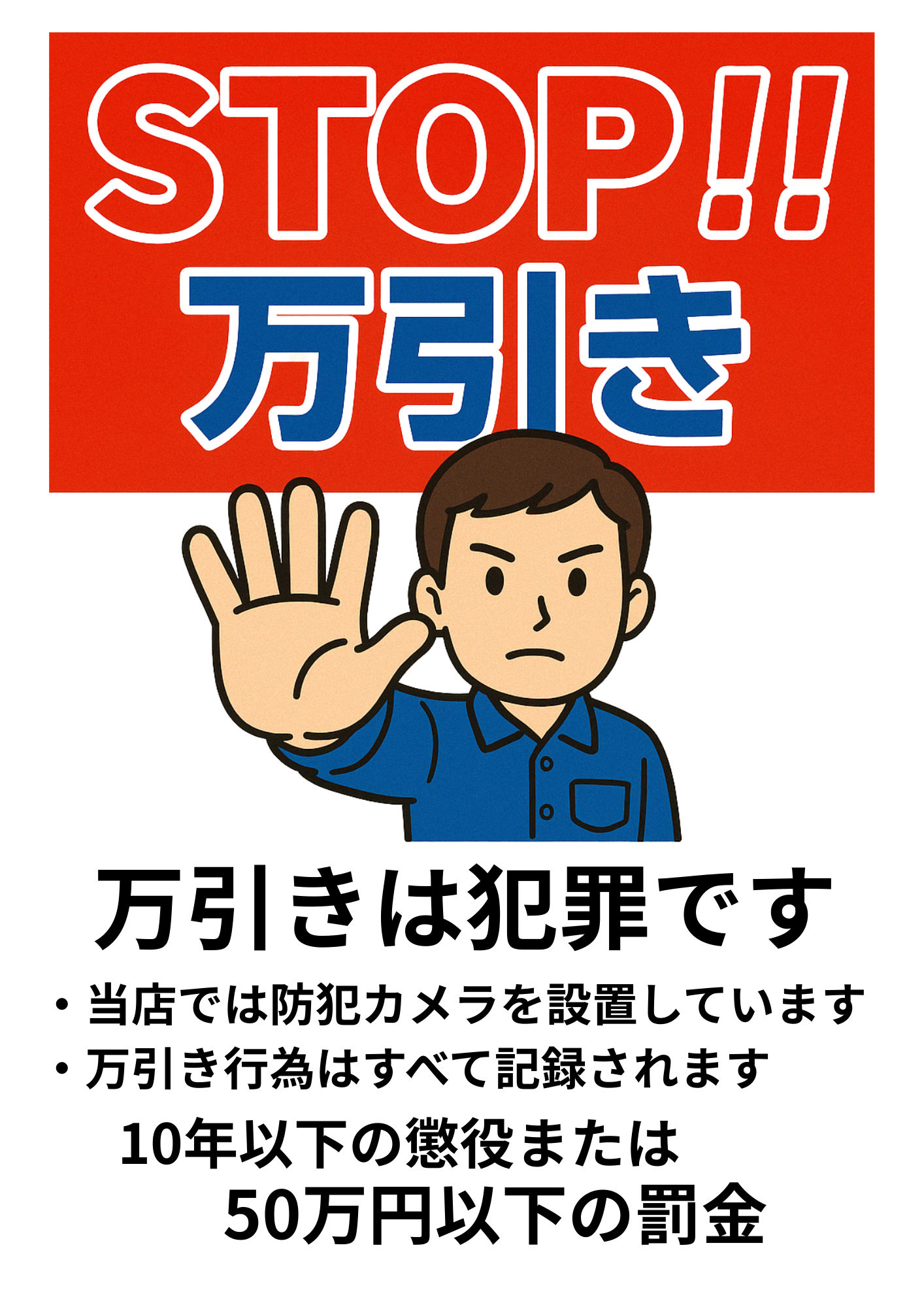 赤と青の文字で「STOP!! 万引き」、男性が手をかざして注意喚起するイラスト。下部には「万引きは犯罪です」「防犯カメラ設置」「すべて記録されます」「10年以下の懲役または50万円以下の罰金」と記載