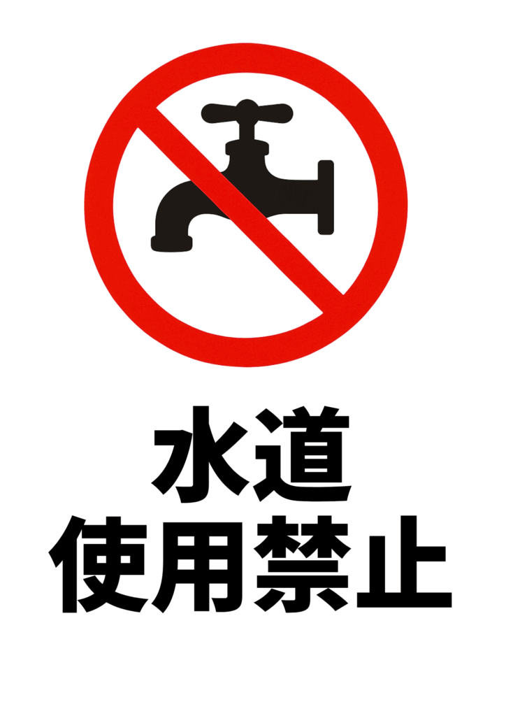 赤い禁止マークで水道蛇口アイコンを囲み、下部に黒太字で「水道使用禁止」と書かれた案内ポスター。
