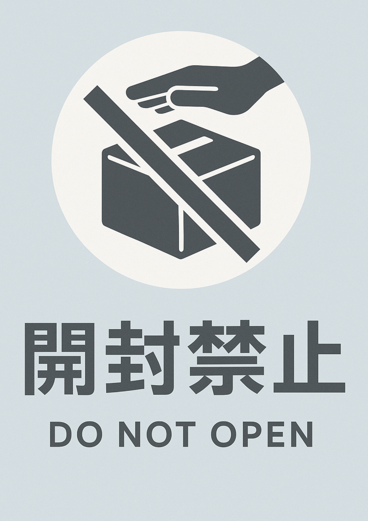 シンプルな「開封禁止」標識。グレーの手と箱のアイコンが白い円に囲まれ、英語で「DO NOT OPEN」と併記された洗練されたデザイン。