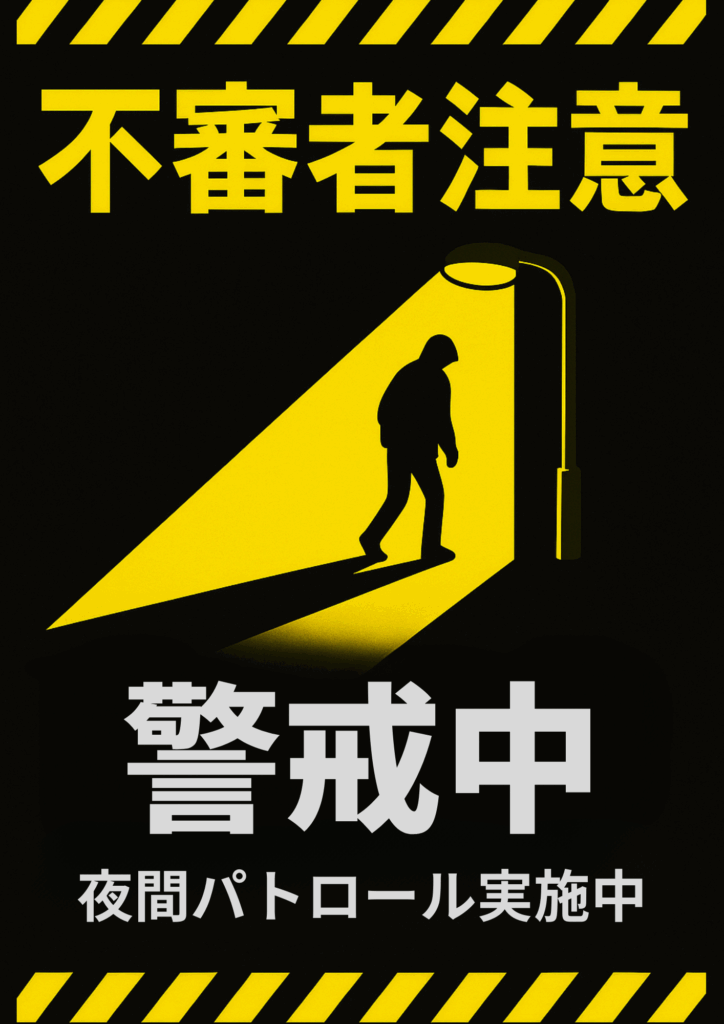 黒地に黄色斜線枠と街灯のスポットライトで照らされた人物シルエットを描き、上部に黄色「不審者注意」、中央に大きな白字「警戒中」、下部に「夜間パトロール実施中」を記した夜間警戒用張り紙テンプレート。