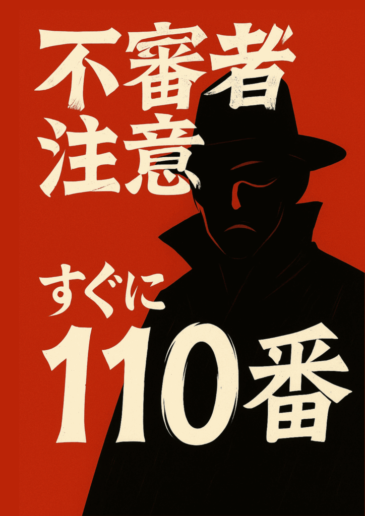 縦長ポスター。赤い背景に、上部に刷毛で描いたような掠れのあるクリーム色の太い和文で「不審者注意」と大きく表示。中央には影に包まれ帽子と高い襟で顔が半分隠れた怪しげな黒い不審者のシルエット。下部には同じくクリーム色の力強い書体で「すぐに110番」とあり、「110」が特に大きく目立つ。全体に警戒と即時通報を促すシンプルかつ目を引くデザイン