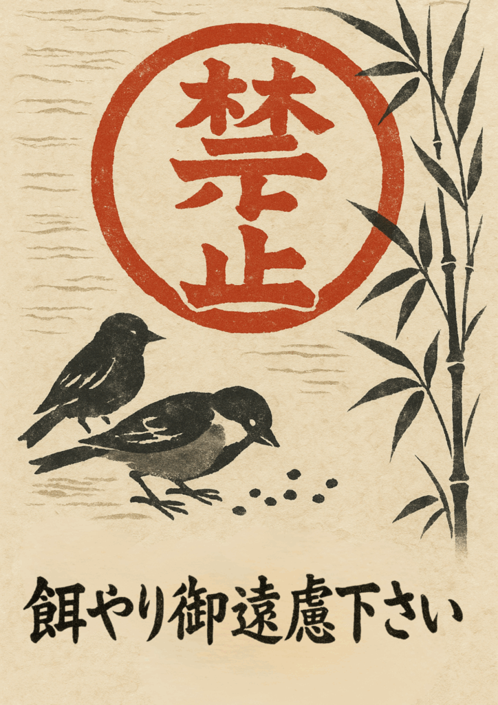 和紙風の背景に朱色の丸印「禁止」と墨絵風のスズメと竹を配し、下部に筆文字で「餌やり御遠慮下さい」と書かれたレトロなデザインの張り紙テンプレート。