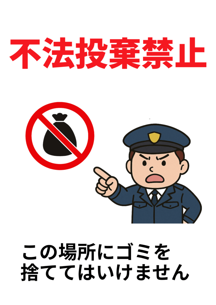 白背景に赤太字で「不法投棄禁止」、左上にゴミ袋アイコンへ禁止マーク、右側に指を差して注意する警察官イラスト、下部に黒字で「この場所にゴミを捨ててはいけません」と強調したイラスト入り注意ポスター。