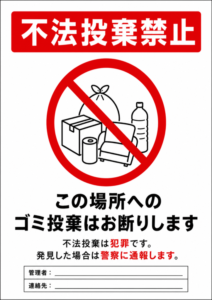 赤い禁止マークと「この場所へのゴミ投棄はお断りします」を表示したシンプルな縦型ポスター