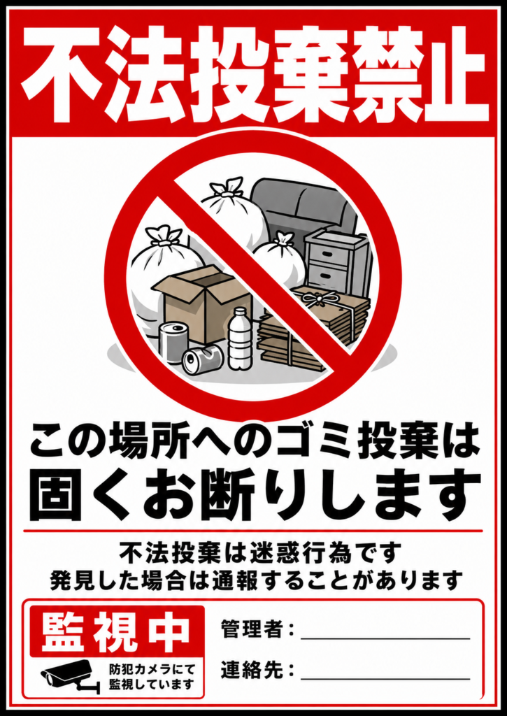 赤帯の「不法投棄禁止」とゴミの禁止マーク、防犯カメラ監視中の表示がある縦型警告ポスター