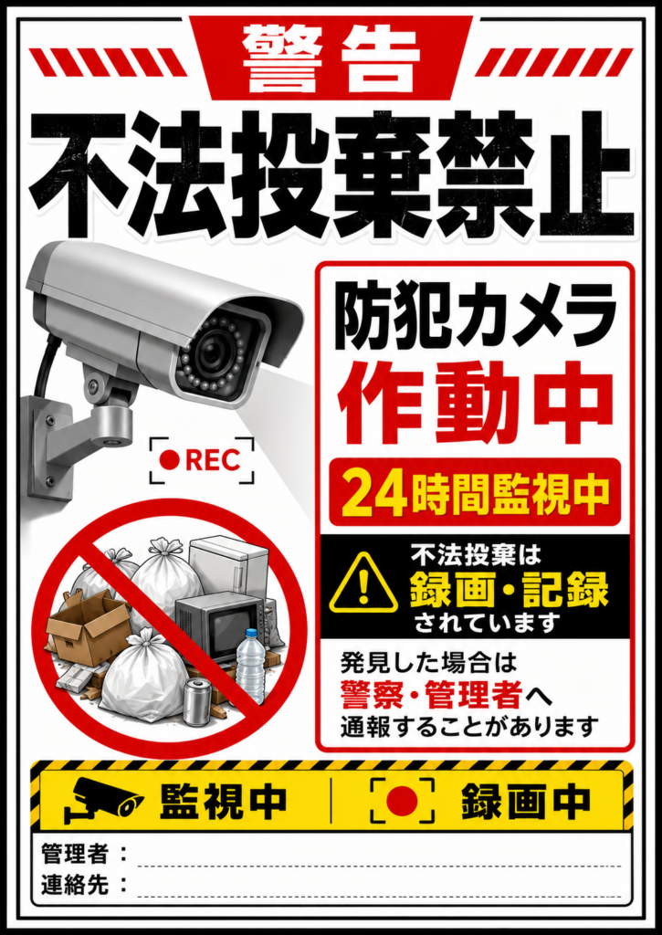 防犯カメラ作動中と24時間監視を大きく表示した不法投棄禁止の縦型警告ポスター