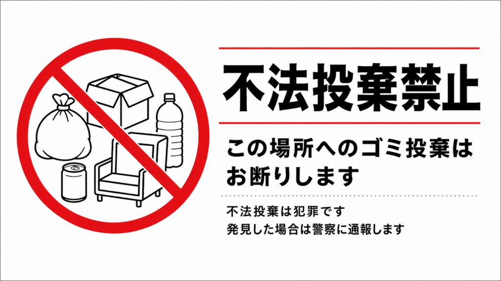 禁止マークと「不法投棄禁止」「発見した場合は警察に通報します」を配置した横型ポスター