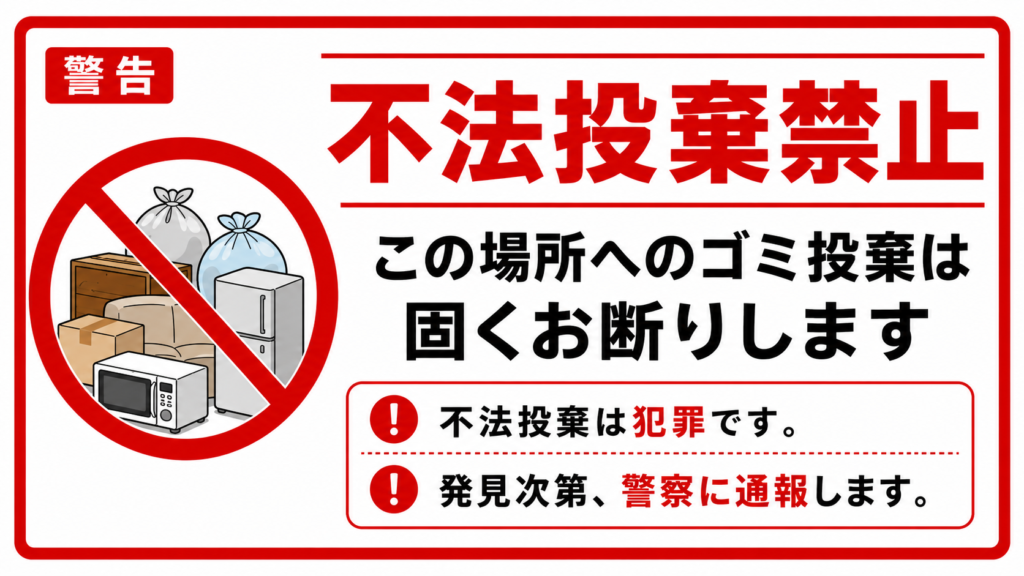 赤枠と警告表示、不法投棄は犯罪で発見次第警察に通報すると伝える横型ポスター