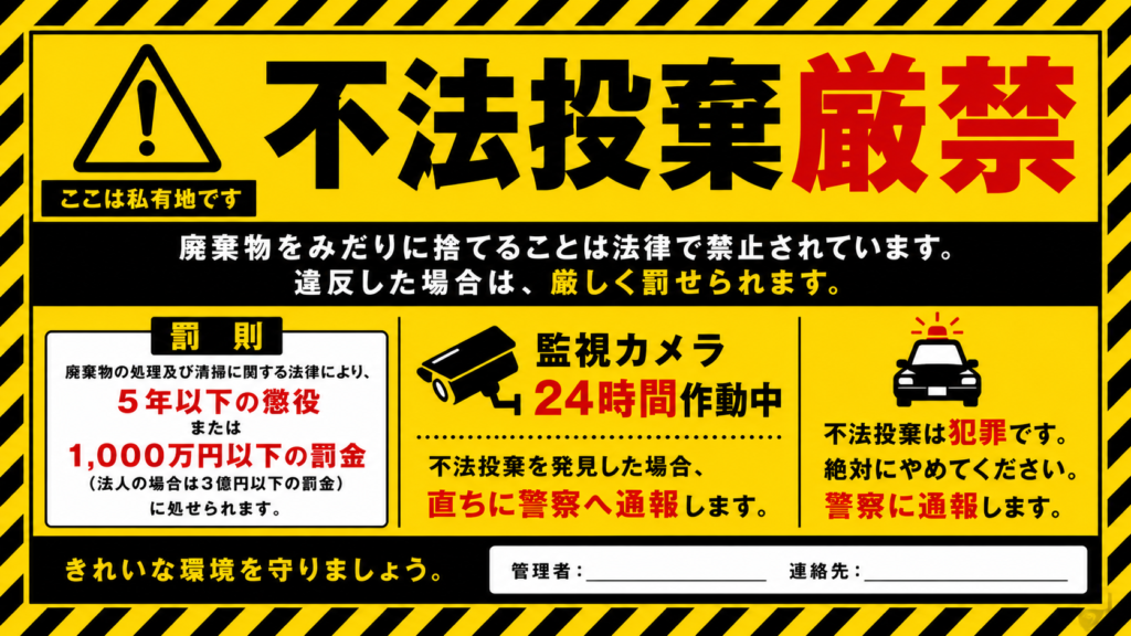 黄色と黒の警告配色で罰則や24時間監視、警察への通報を知らせる不法投棄厳禁ポスター
