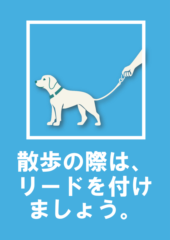 イラスト付き「リードをるけましょう」のポスター見本画像(縦向きA4、水色の背景、リードを付けて犬の散歩をするイラスト、白文字、日本語)