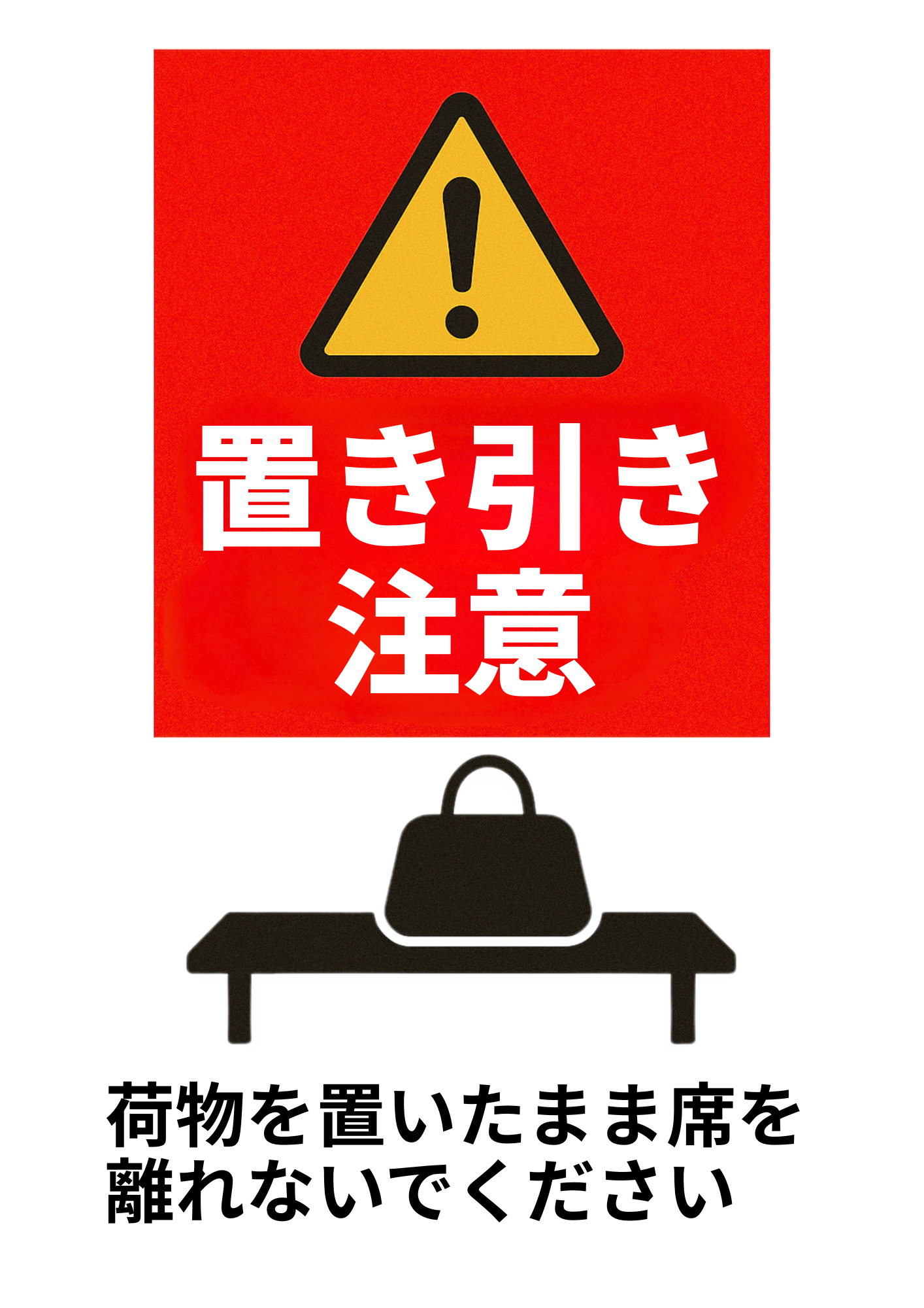 黄色い警告マークと「置き引き注意」の白抜き文字が目立つ赤い背景のポスター。ベンチに荷物を置いたまま離れないよう注意喚起する文言付き