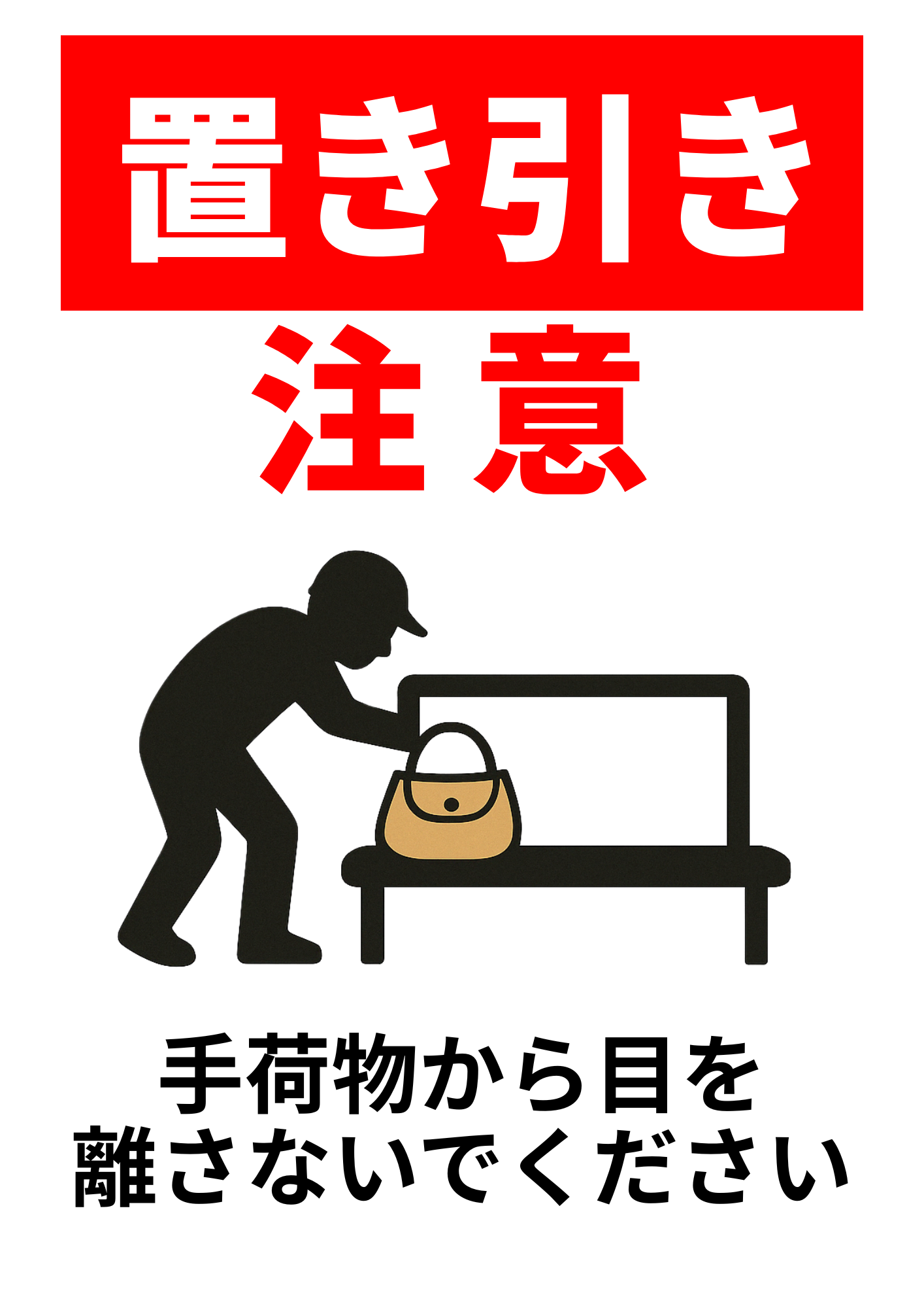 ベンチに置かれたバッグを盗もうとする人物のシルエットと、「置き引き注意」「手荷物から目を離さないでください」という注意文が記載されたポスター