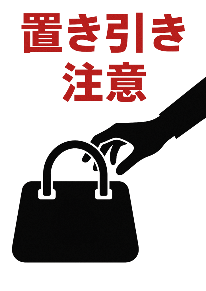 「置き引き注意」の赤い文字と黒いシルエットの手がバッグを取ろうとしているイラストが描かれた防犯ポスター