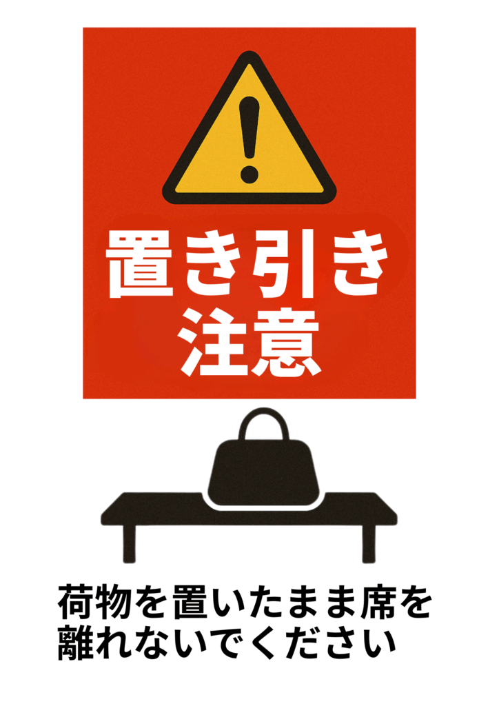 黄色い警告マークと「置き引き注意」の白抜き文字が目立つ赤い背景のポスター。ベンチに荷物を置いたまま離れないよう注意喚起する文言付き。