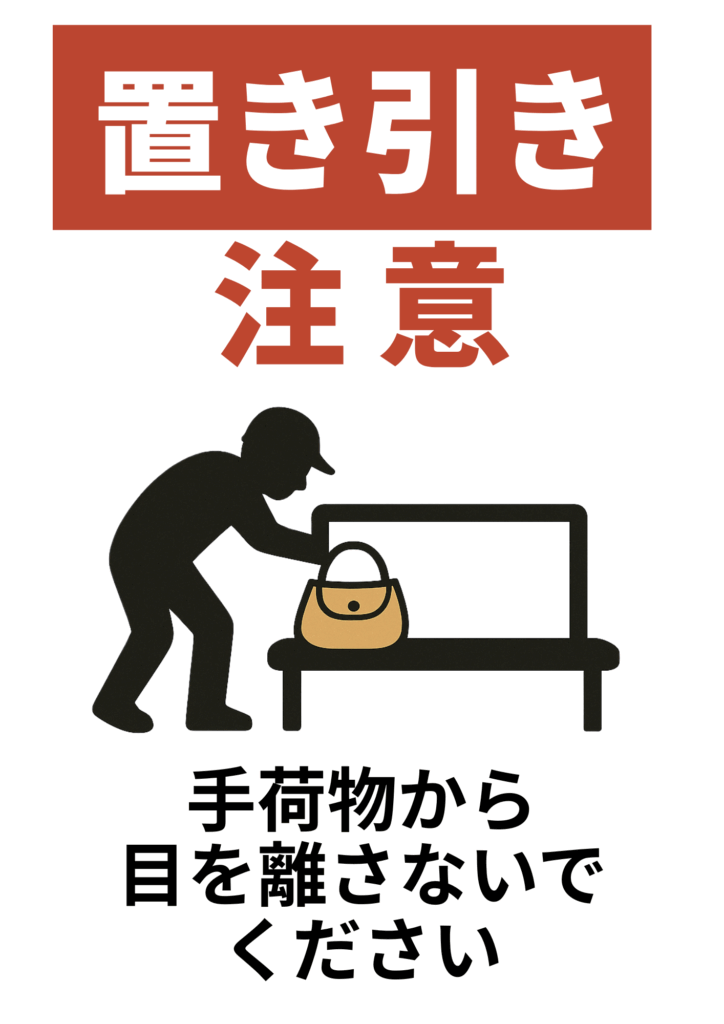 ベンチに置かれたバッグを盗もうとする人物のシルエットと、「置き引き注意」「手荷物から目を離さないでください」という注意文が記載されたポスター