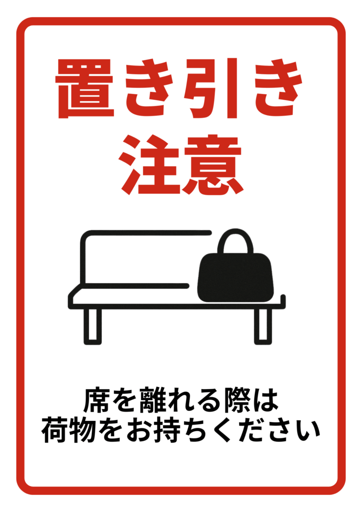 赤い枠で囲まれたシンプルな構成で、「置き引き注意」とベンチ上のバッグのイラスト、「席を離れる際は荷物をお持ちください」の注意書きがある防犯ポスター