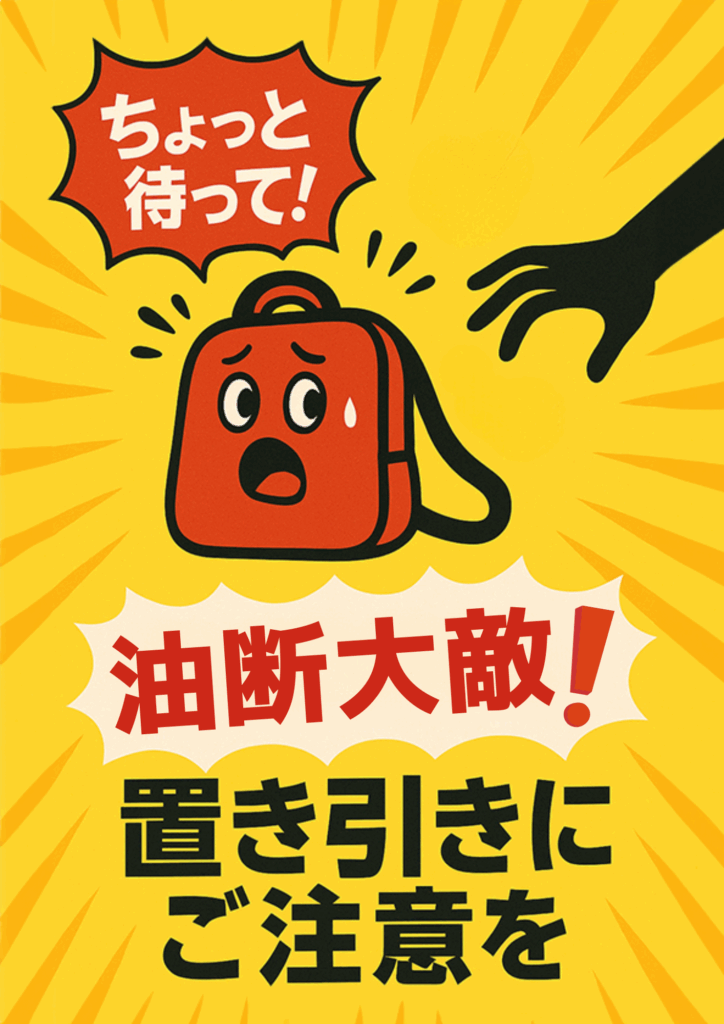 黄色の背景に驚いた表情の赤いリュックと黒い手のイラストが描かれ、「油断大敵！」や「置き引きにご注意を」といった注意喚起の文言が並ぶポップな防犯ポスター