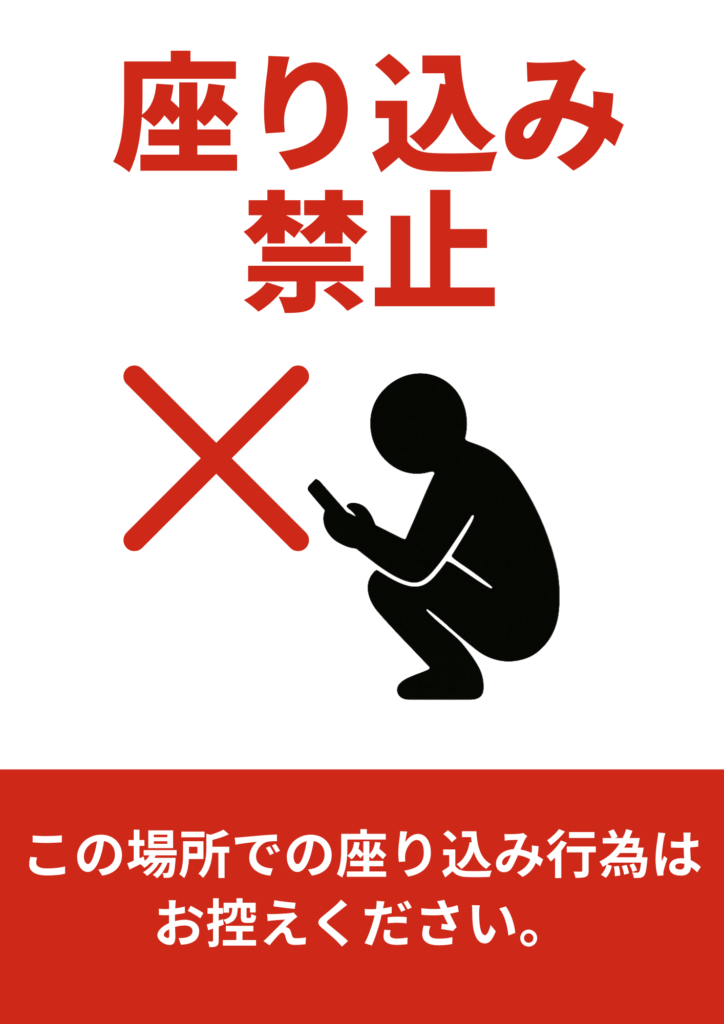 しゃがみこんでスマートフォンを操作している人物のシルエットに赤いバツ印。上部に「座り込み禁止」、下部に「この場所での座り込み行為はお控えください。」と書かれた注意文付きの張り紙