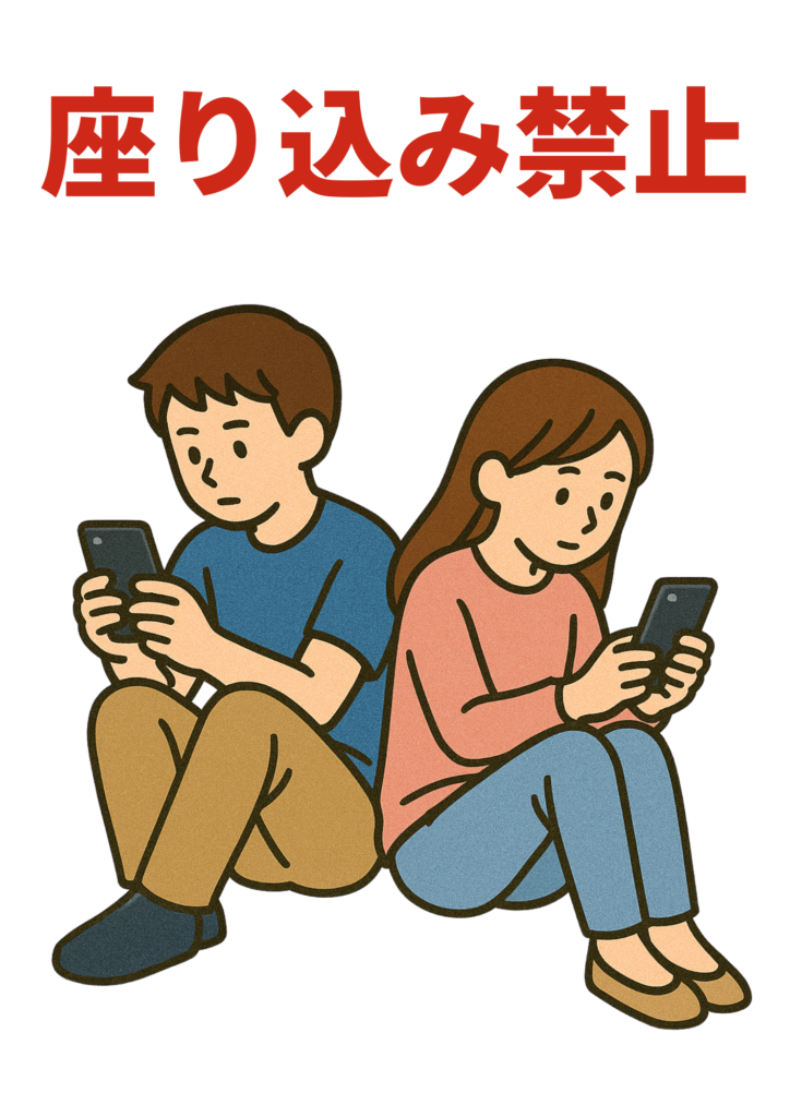 男女2人が床に座り込み、それぞれスマートフォンを見ているカラーイラスト。上部に赤文字で「座り込み禁止」と書かれた注意喚起の張り紙