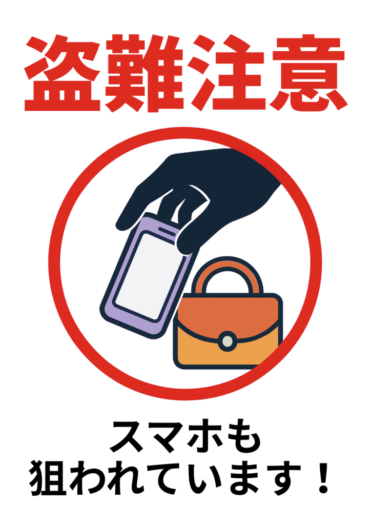 「盗難注意」の赤文字と、スマホとバッグを狙う黒い手のイラストが赤い丸で囲まれたポップなデザイン。「スマホも狙われています！」のメッセージ付き。