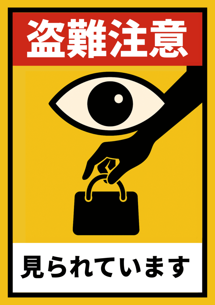 黄色背景に大きな目とバッグに伸びる手のイラストが特徴的なデザイン。「見られています」のメッセージ付き。