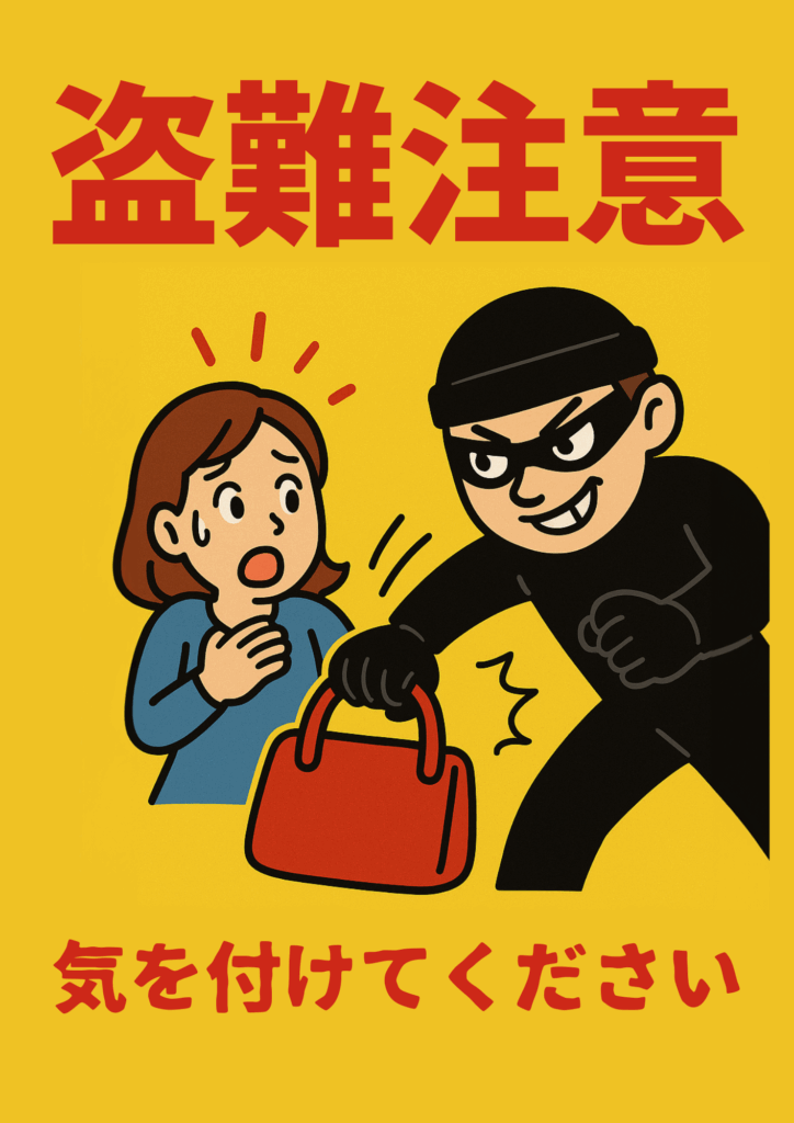 「盗難注意」の赤文字と、驚いた表情の女性とバッグを狙う黒い人物のイラストが描かれたポップ調のデザイン。「気を付けてください」のメッセージ付き。