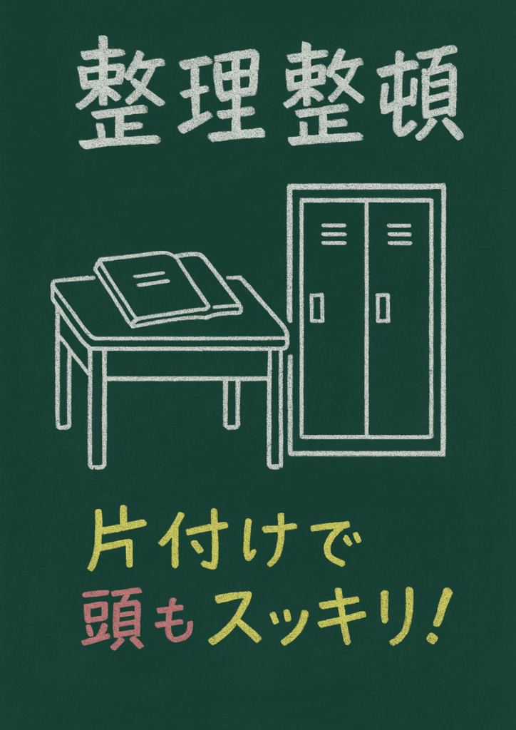 黒板風ダークグリーン背景にチョークタッチで机・本・ロッカーを描き、白い「整理整頓」と黄色とピンクで強調したコピー「片付けで頭もスッキリ！」をあしらった学校向けの縦長ポスター。