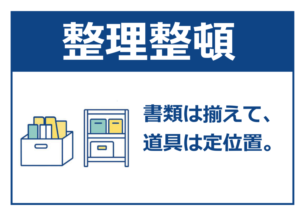 濃紺のヘッダーに白抜きの大きなタイトル「整理整頓」が入った横長ポスター。下の白地には左にカラフルな書類ボックスと棚のラインイラスト、右に濃紺コピー「書類は揃えて、道具は定位置。」を配置し、全体を紺色のフレームで囲んでいる。