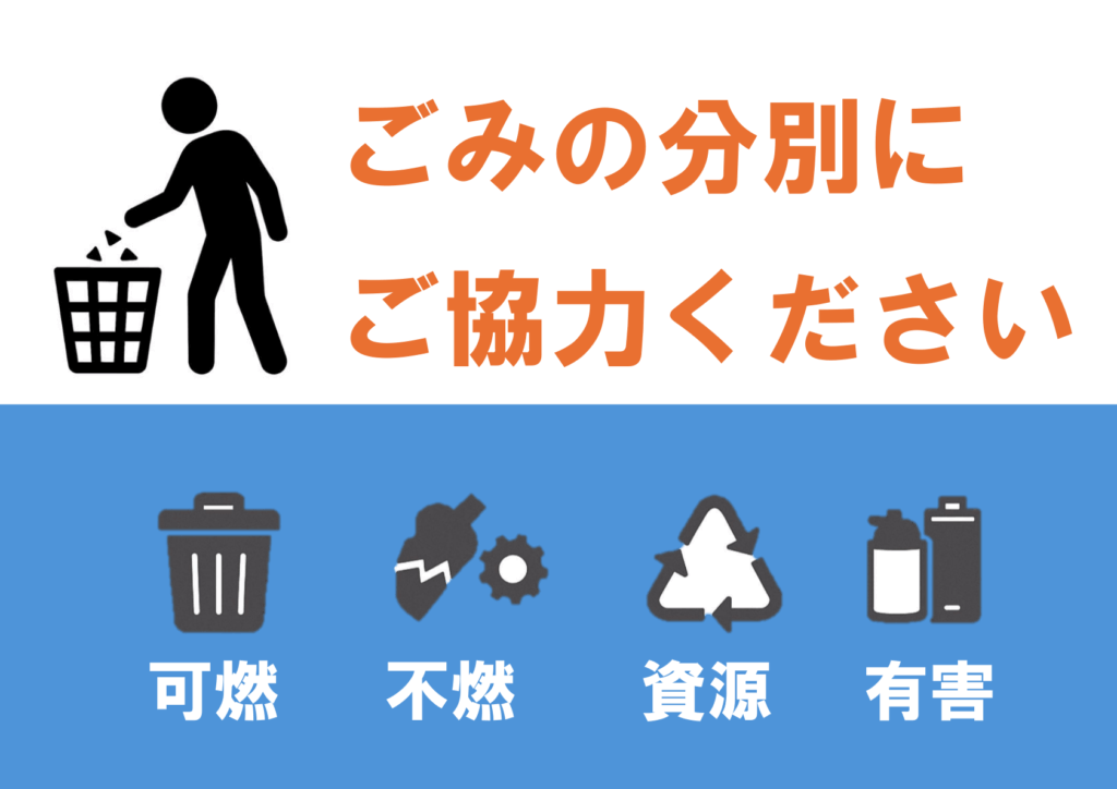 「ごみの分別にご協力ください」というオレンジ色の文字と、ゴミを捨てる人物のイラストが上部に表示されている。下部には青い背景に「可燃」「不燃」「資源」「有害」の4種の分別区分と、それぞれのアイコンが並んでいる。