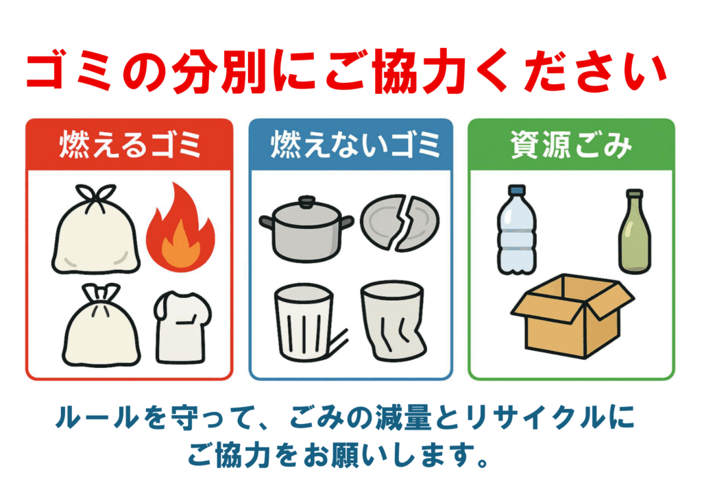 「ゴミの分別にご協力ください」という赤い文字が上部に表示されている。下部には「燃えるゴミ（赤）」「燃えないゴミ（青）」「資源ごみ（緑）」の3つの区分と、それぞれに該当するイラスト（ごみ袋、鍋、瓶や段ボールなど）が描かれている。最下部には「ルールを守って、ごみの減量とリサイクルにご協力をお願いします。」という青い文字のメッセージがある