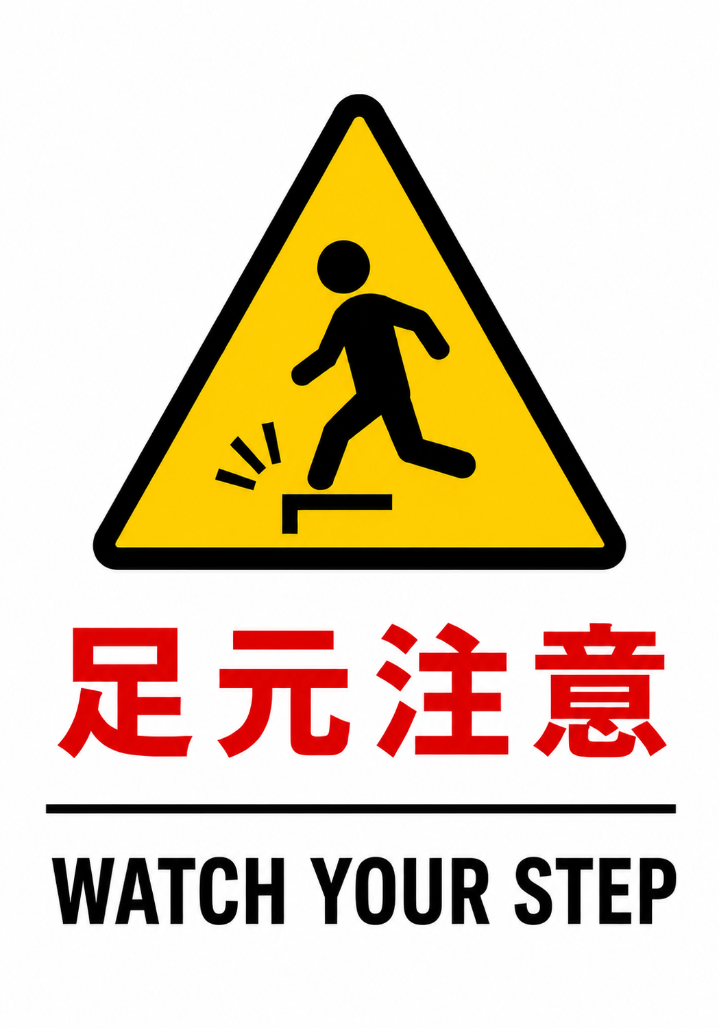 黄色の三角警告マークに段差でつまずく人物を描き、「足元注意」「WATCH YOUR STEP」と表示した縦型ポスター