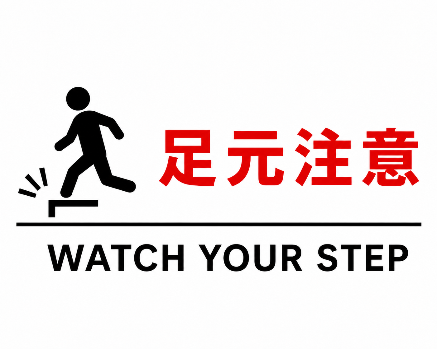 段差につまずく人物のアイコンと赤色の「足元注意」、「WATCH YOUR STEP」を配置したシンプルな横型ポスター