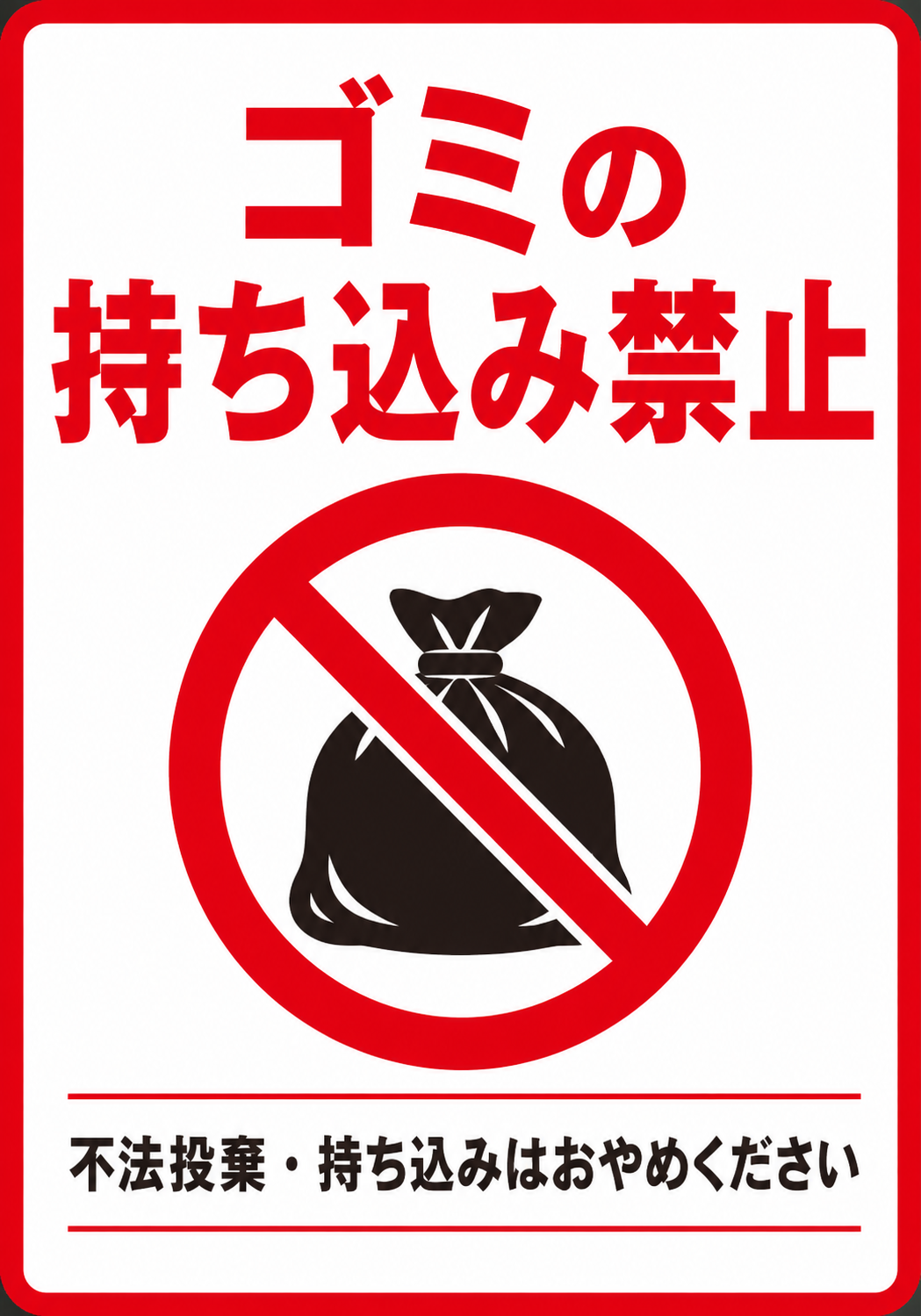 ゴミ袋に赤い禁止マークを重ね、「ゴミの持ち込み禁止」「不法投棄・持ち込みはおやめください」と表示した縦向きポスター