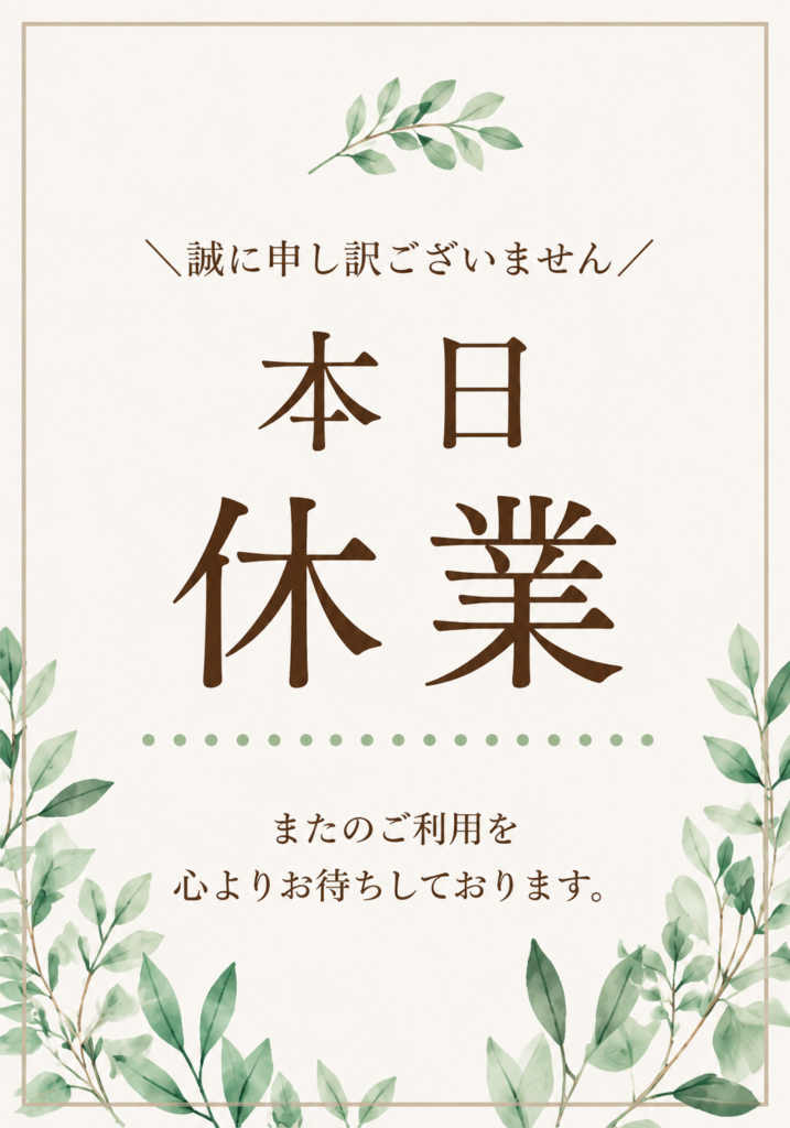 白背景にグリーンの葉をあしらい、「本日休業」と休業のお詫び文を表示したナチュラルな縦型ポスター